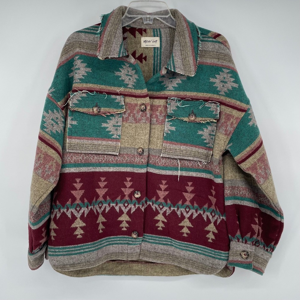 Newin Womens‎ Aztec Southwestern Shacket Jacket Burgundy Teal Small